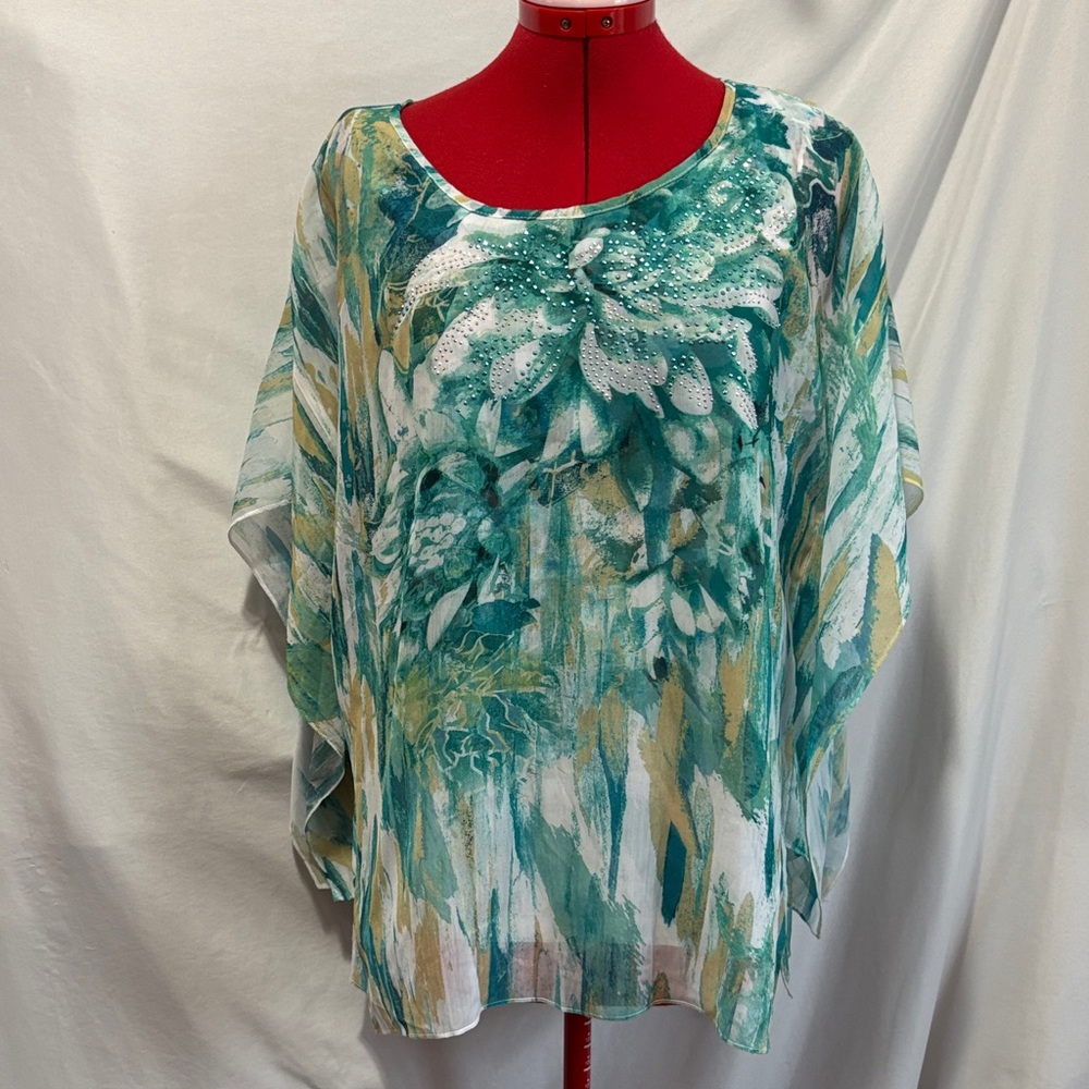 JM Collection Teal and White Floral Tunic LL179